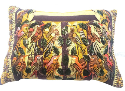 Embroidered Upcycled Pillow 10.5x14, Burgundy Yellow Lumbar Cushion Case, Santiago BIRDS Textile