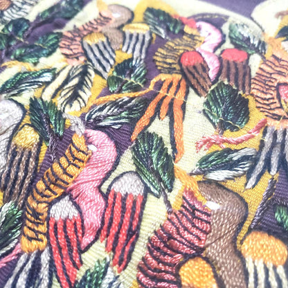 Embroidered Upcycled Pillow 10.5x14, Burgundy Yellow Lumbar Cushion Case, Santiago BIRDS Textile
