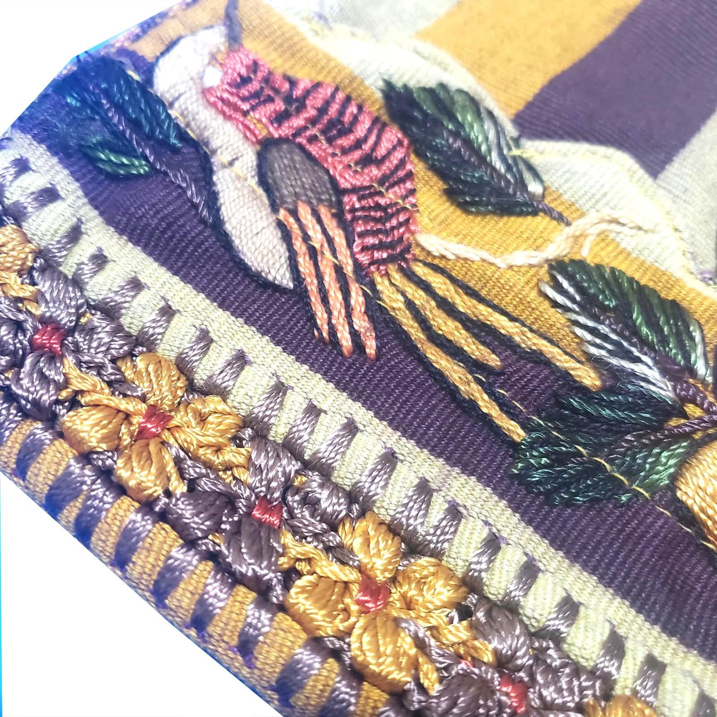 Embroidered Upcycled Pillow 10.5x14, Burgundy Yellow Lumbar Cushion Case, Santiago BIRDS Textile