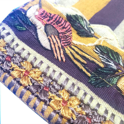 Embroidered Upcycled Pillow 10.5x14, Burgundy Yellow Lumbar Cushion Case, Santiago BIRDS Textile