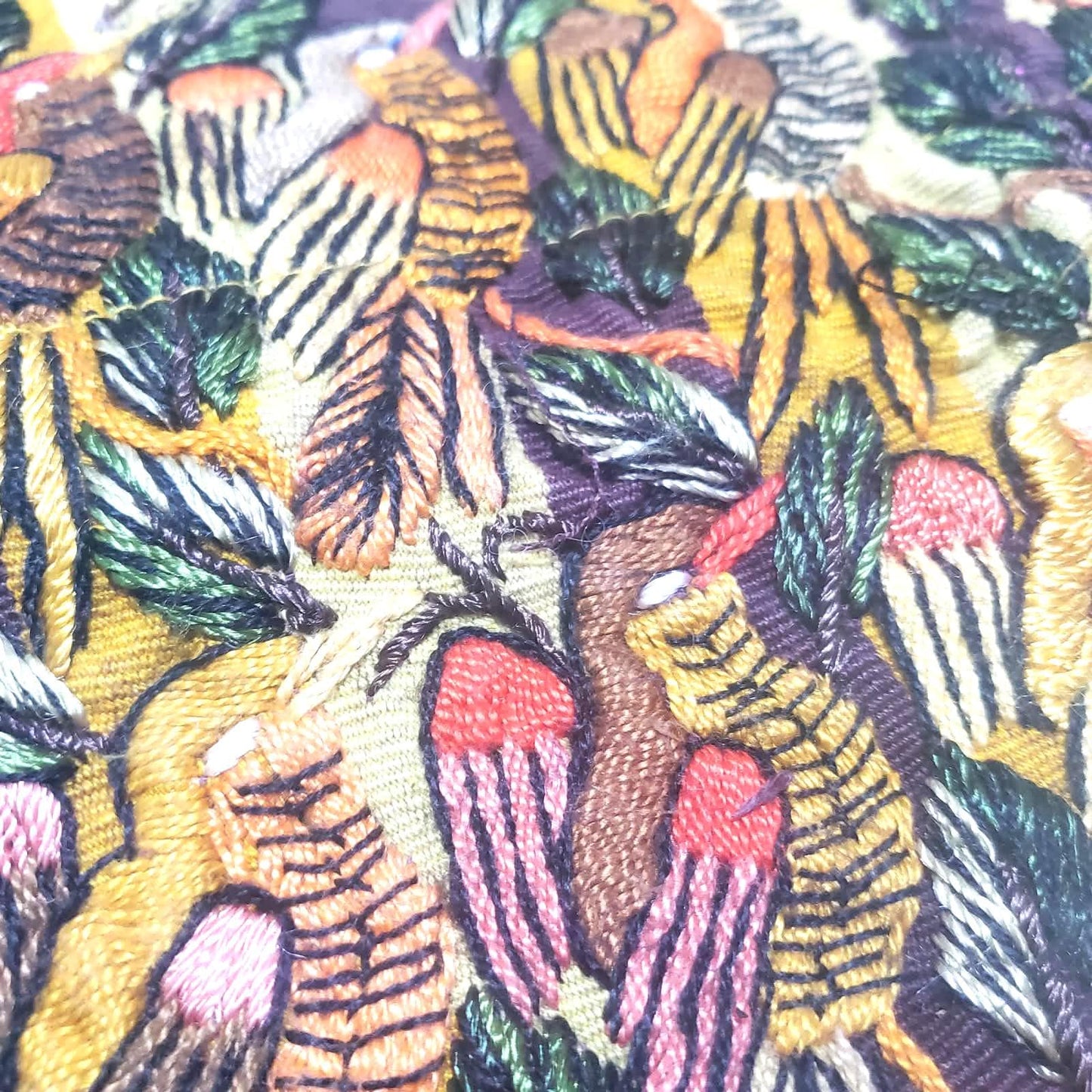 Embroidered Upcycled Pillow 10.5x14, Burgundy Yellow Lumbar Cushion Case, Santiago BIRDS Textile