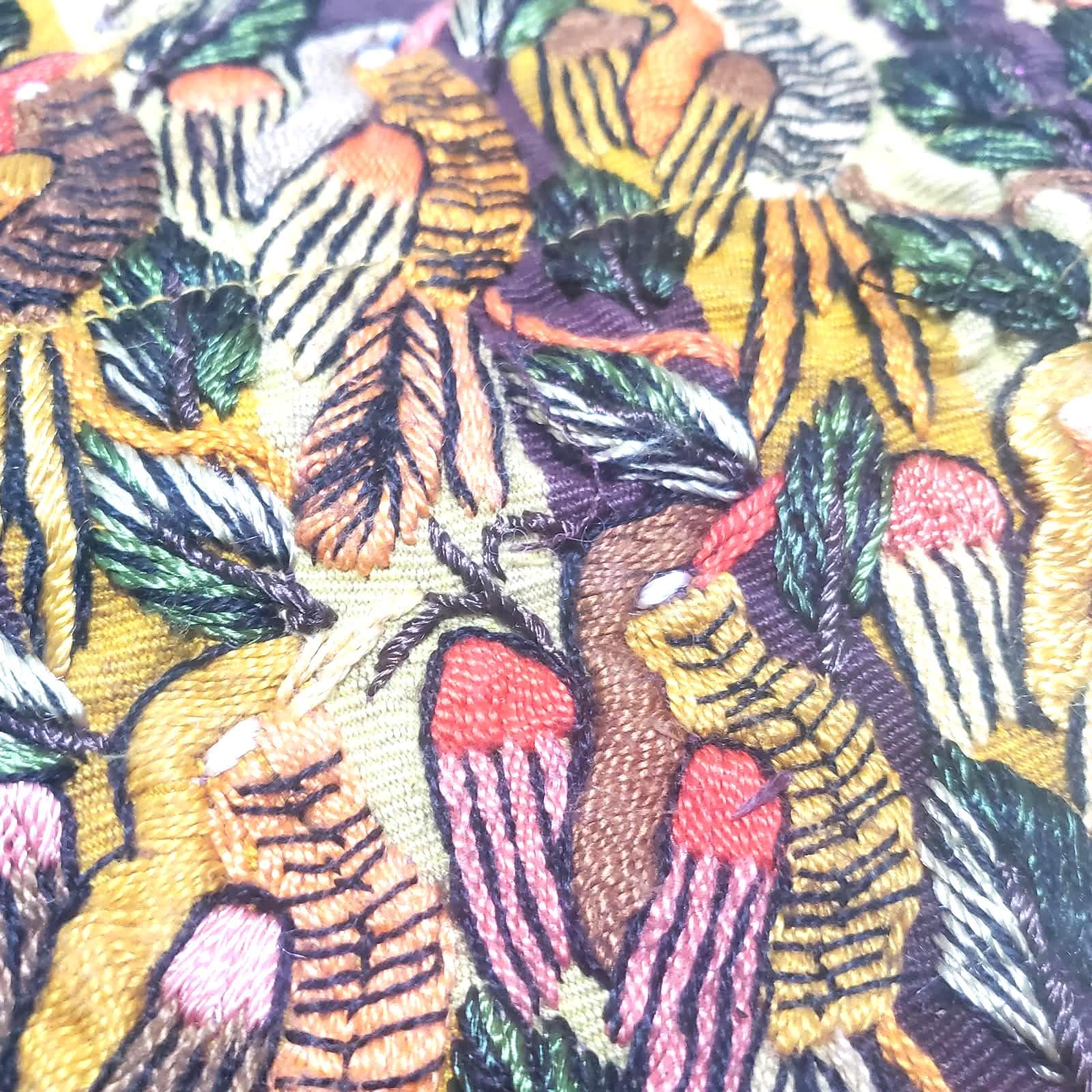 Embroidered Upcycled Pillow 10.5x14, Burgundy Yellow Lumbar Cushion Case, Santiago BIRDS Textile