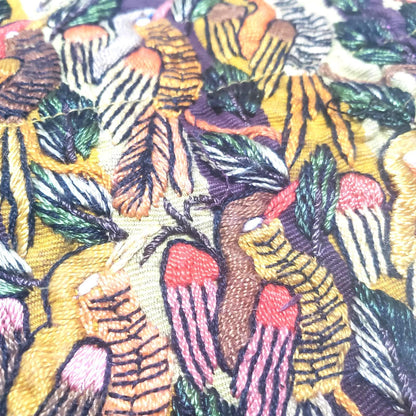 Embroidered Upcycled Pillow 10.5x14, Burgundy Yellow Lumbar Cushion Case, Santiago BIRDS Textile