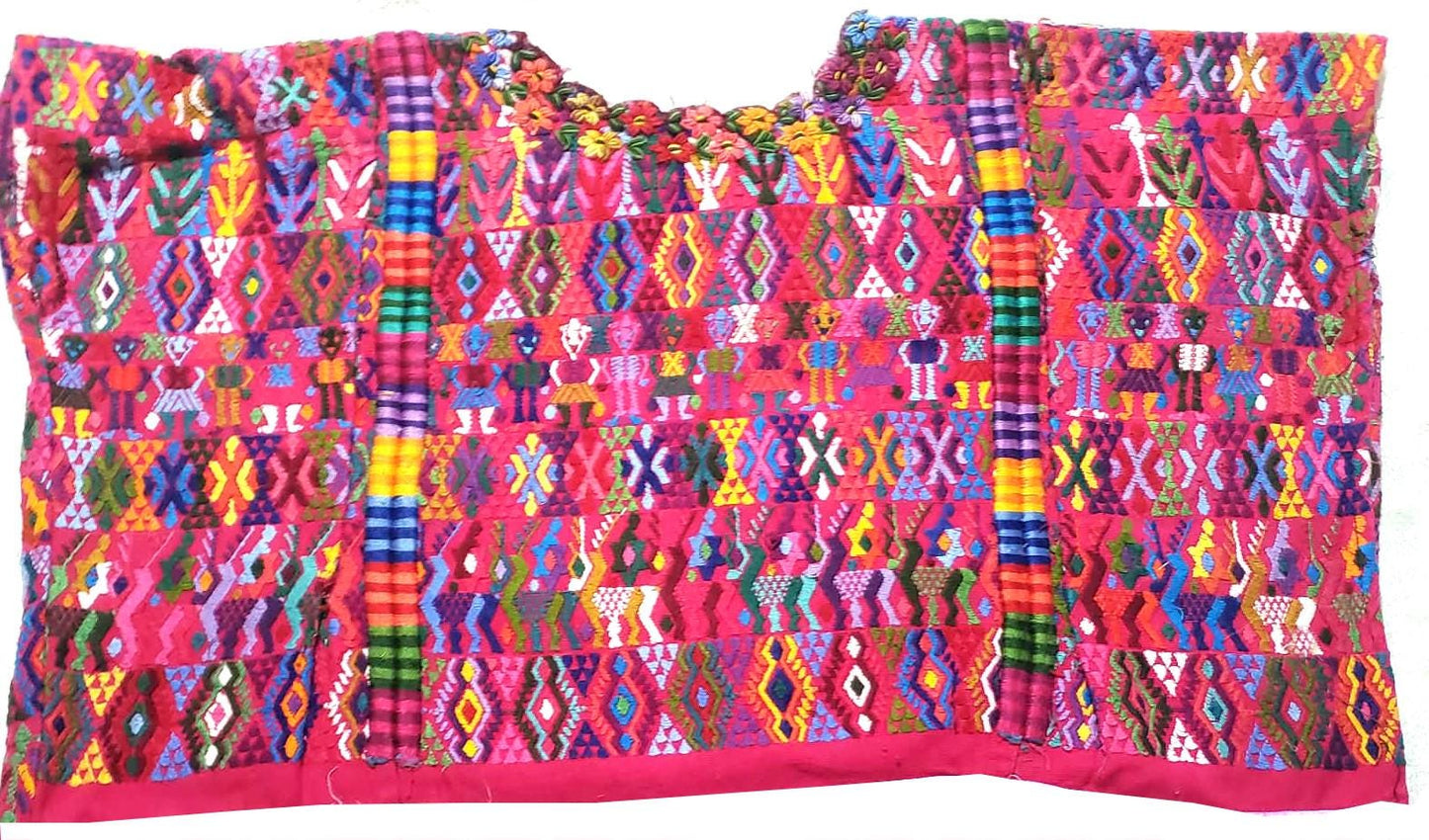 Handwoven Guatemalan Huipil Top - Tactic Coban Traditional Embroidered Cotton Blouse with Deer & Geometric Motif, Large