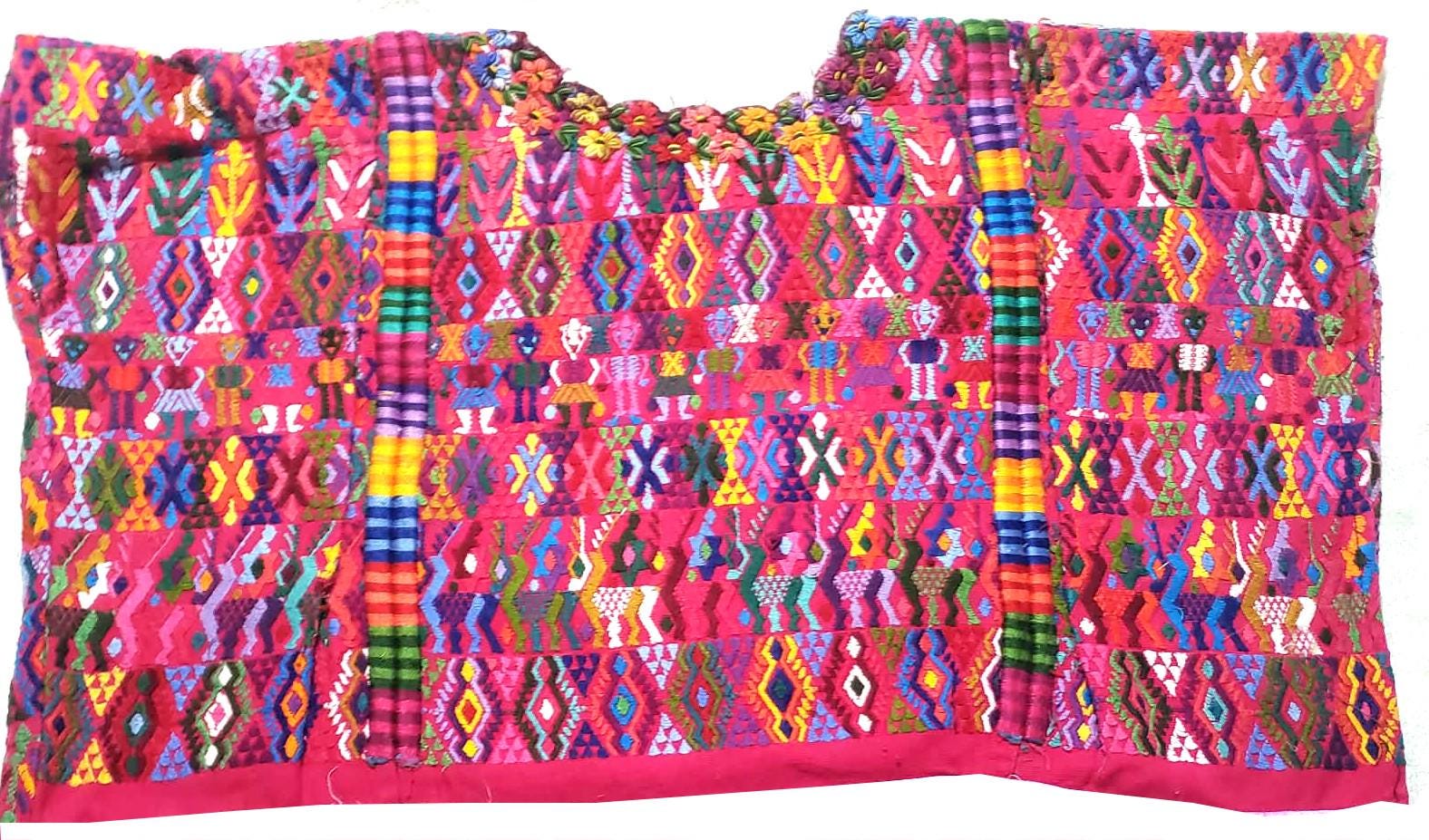 Handwoven Guatemalan Huipil Top - Tactic Coban Traditional Embroidered Cotton Blouse with Deer & Geometric Motif, Large