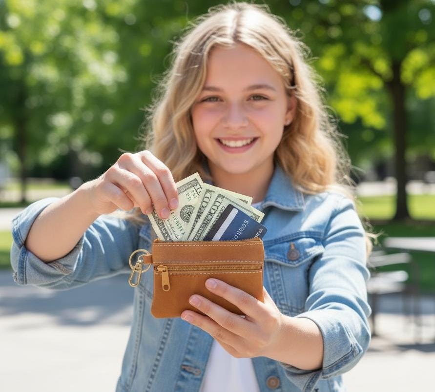 May include: A person holding a brown leather wallet filled with US dollar bills and a credit card. The wallet has a gold zipper and a key ring. The person is wearing a blue denim jacket.