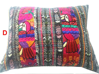 Hand Embroidered Floral Bird Pillow Case 14x18, Guatemalan Ikat Lumbar Cushion Cover, Boho Flower Animal Accent Pillow, Artisan Home Decor