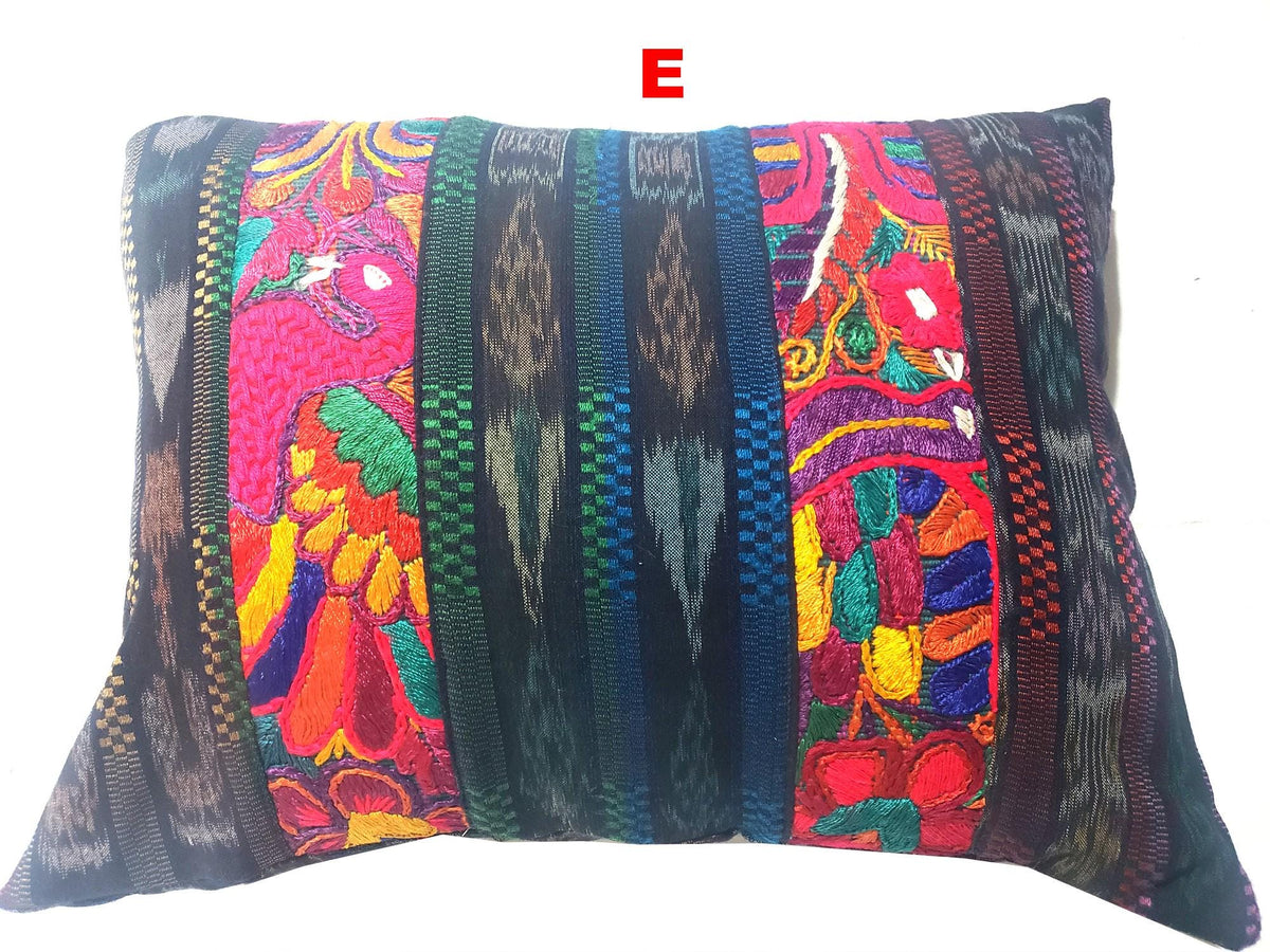 Hand Embroidered Floral Bird Pillow Case 14x18, Guatemalan Ikat Lumbar Cushion Cover, Boho Flower Animal Accent Pillow, Artisan Home Decor