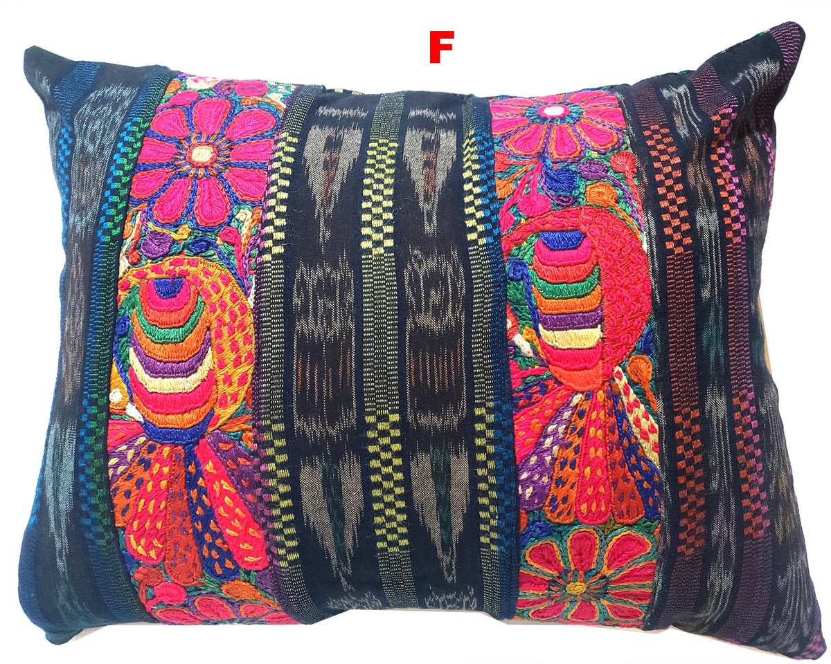 Hand Embroidered Floral Bird Pillow Case 14x18, Guatemalan Ikat Lumbar Cushion Cover, Boho Flower Animal Accent Pillow, Artisan Home Decor