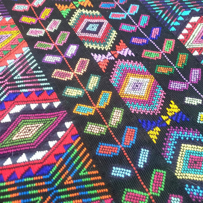 Guatemalan Handwoven Table Runner 15.5x50", Black Ethnic Table Decor with Multicolor Geometric Wheat Design, Chichicastenango Textile
