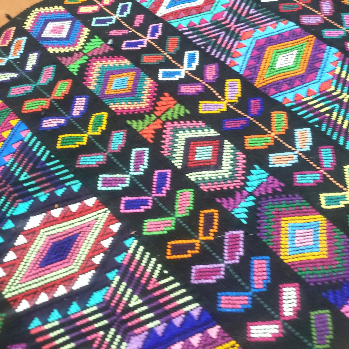 Guatemalan Handwoven Table Runner 15.5x50", Black Ethnic Table Decor with Multicolor Geometric Wheat Design, Chichicastenango Textile