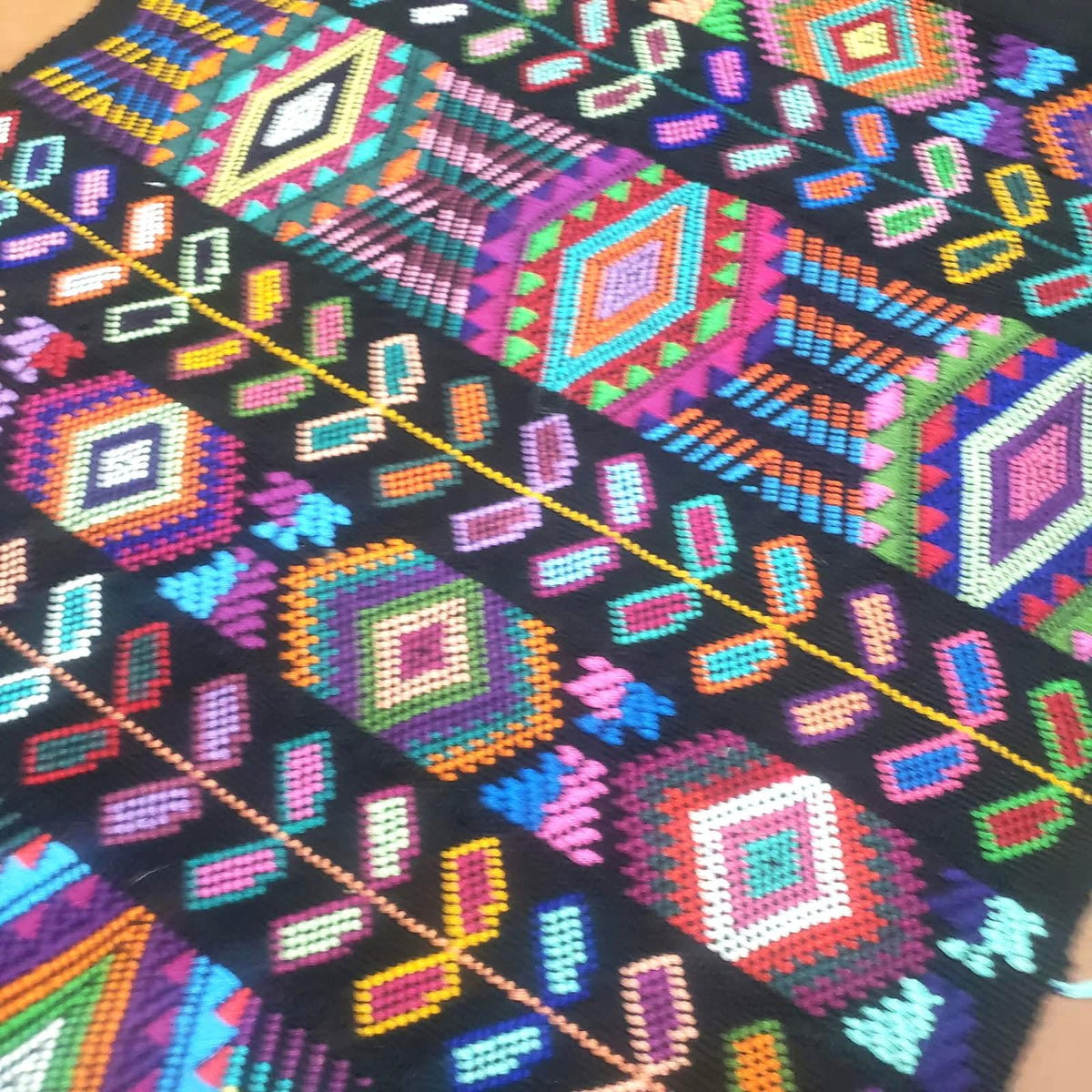 Guatemalan Handwoven Table Runner 15.5x50", Black Ethnic Table Decor with Multicolor Geometric Wheat Design, Chichicastenango Textile