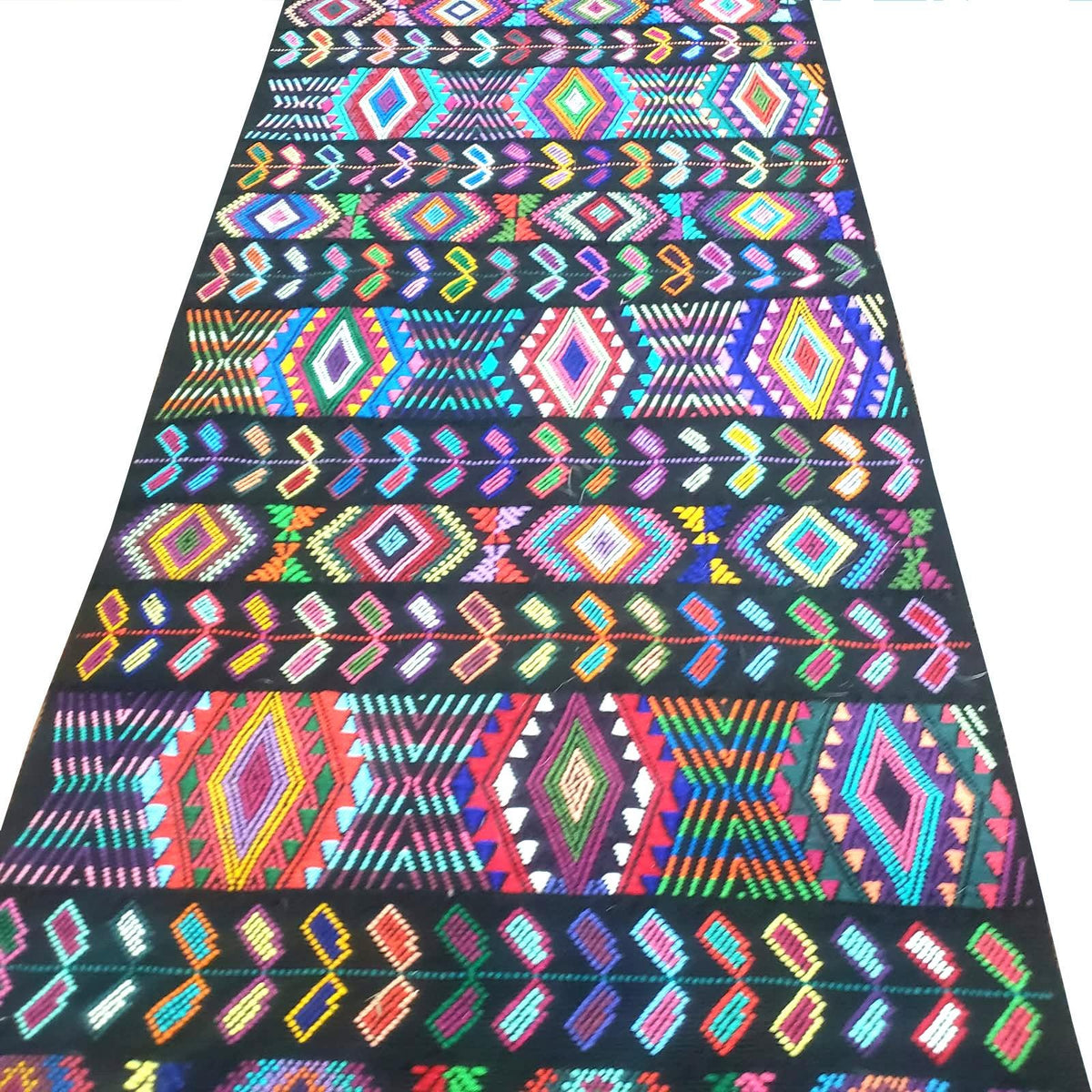 Guatemalan Handwoven Table Runner 15.5x50", Black Ethnic Table Decor with Multicolor Geometric Wheat Design, Chichicastenango Textile