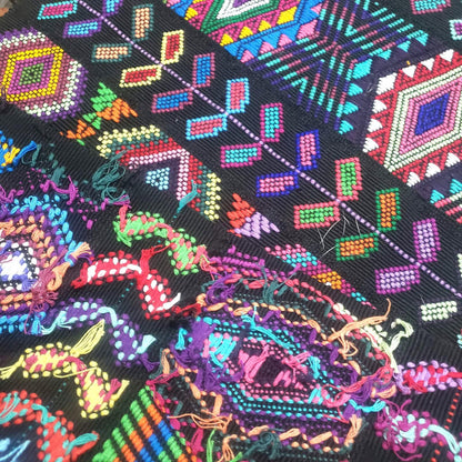 Guatemalan Handwoven Table Runner 15.5x50", Black Ethnic Table Decor with Multicolor Geometric Wheat Design, Chichicastenango Textile