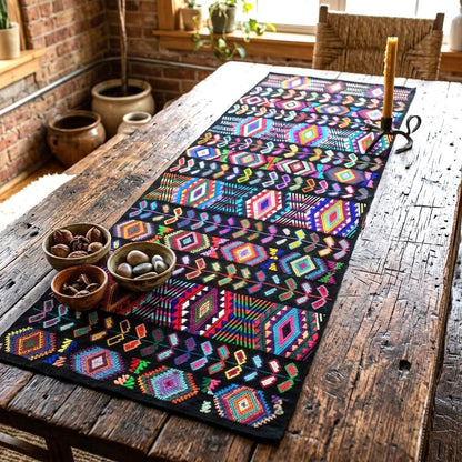 Guatemalan Handwoven Table Runner 15.5x50", Black Ethnic Table Decor with Multicolor Geometric Wheat Design, Chichicastenango Textile