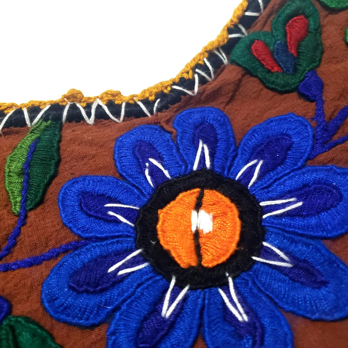 Hand Embroidered Brown Mexican Huipil Top - Traditional Guatemalan Floral Blouse from San Juan Chamelco - Boho Folk Embroidered Cotton Shirt