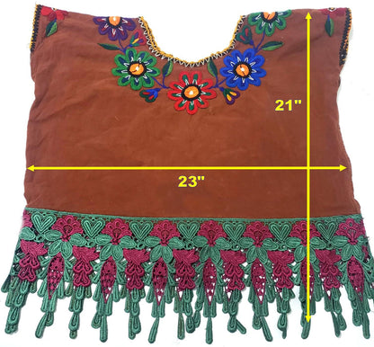 Hand Embroidered Brown Mexican Huipil Top - Traditional Guatemalan Floral Blouse from San Juan Chamelco - Boho Folk Embroidered Cotton Shirt