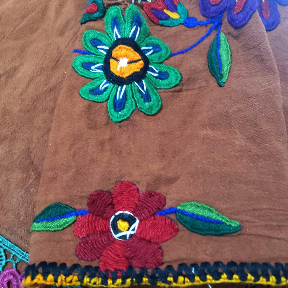 Hand Embroidered Brown Mexican Huipil Top - Traditional Guatemalan Floral Blouse from San Juan Chamelco - Boho Folk Embroidered Cotton Shirt