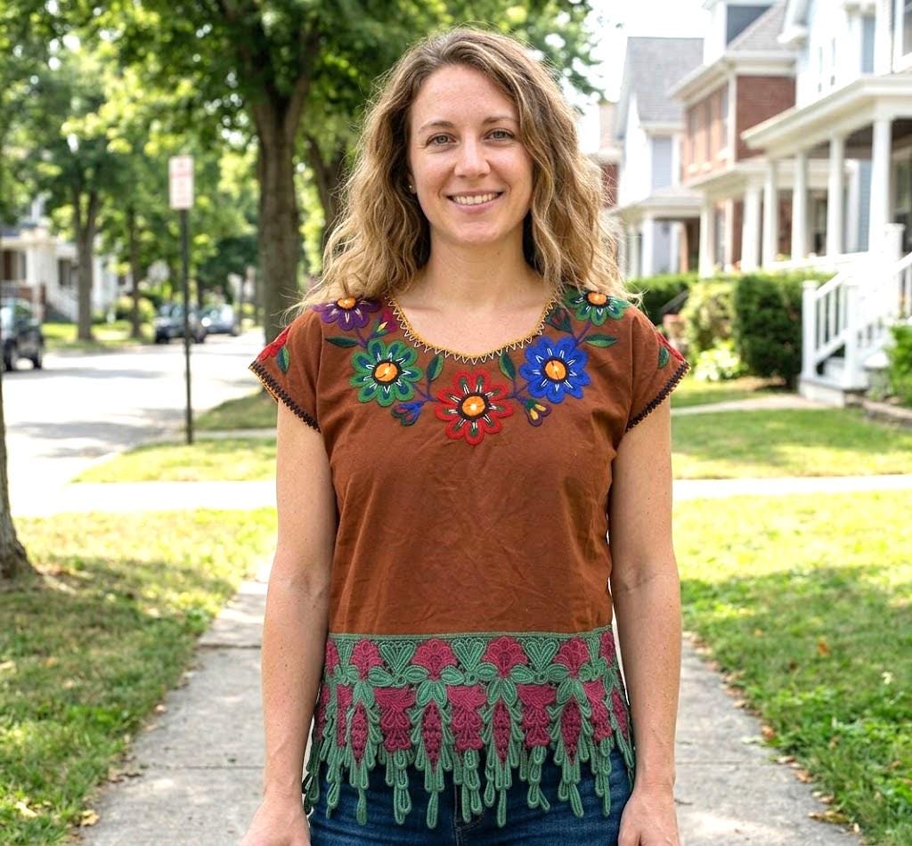 Hand Embroidered Brown Mexican Huipil Top - Traditional Guatemalan Floral Blouse from San Juan Chamelco - Boho Folk Embroidered Cotton Shirt
