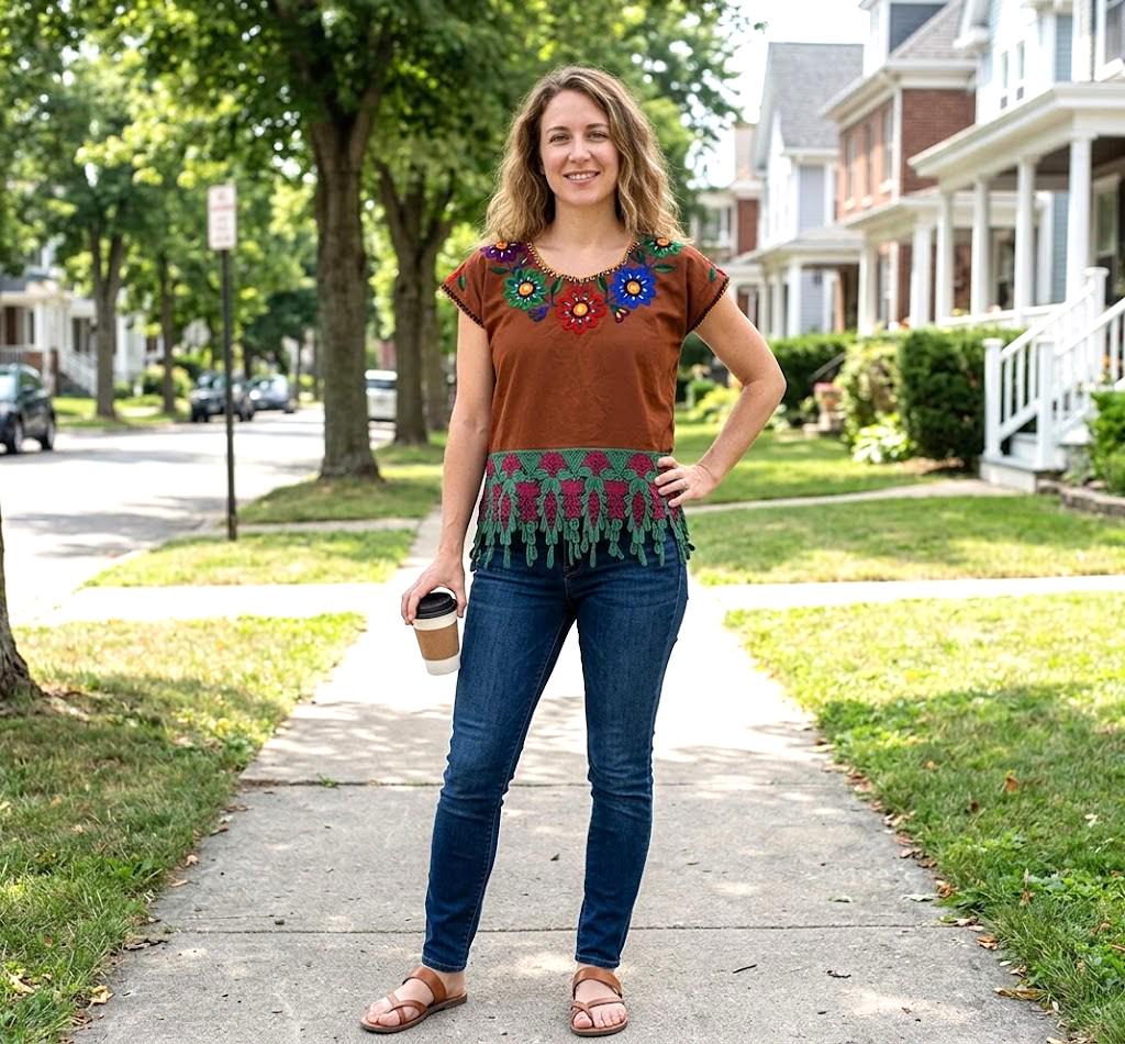 Hand Embroidered Brown Mexican Huipil Top - Traditional Guatemalan Floral Blouse from San Juan Chamelco - Boho Folk Embroidered Cotton Shirt