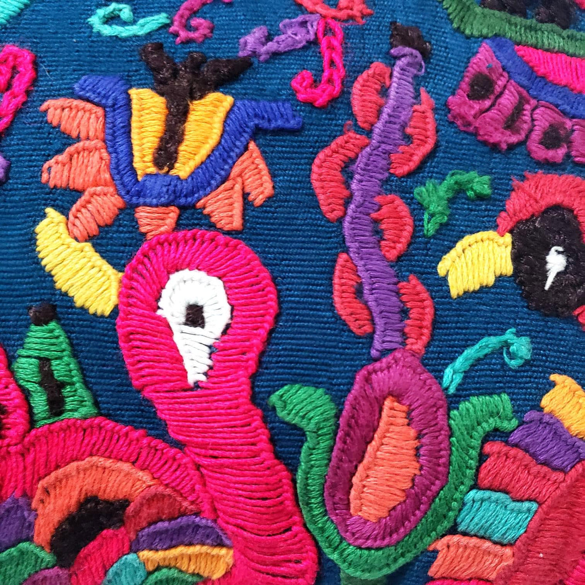 Upcycled Huipil PILLOW Case, Cushion Cover 19x19 inches, Handmade Blue PEACOCKS and FLORAL Textile