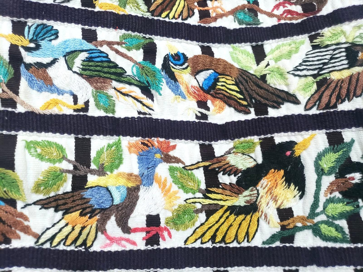 Handmade White EMBROIDERED Guatemalan Santiago Atitlan COTTON WALL "Mayan Bird Family" Tapestry