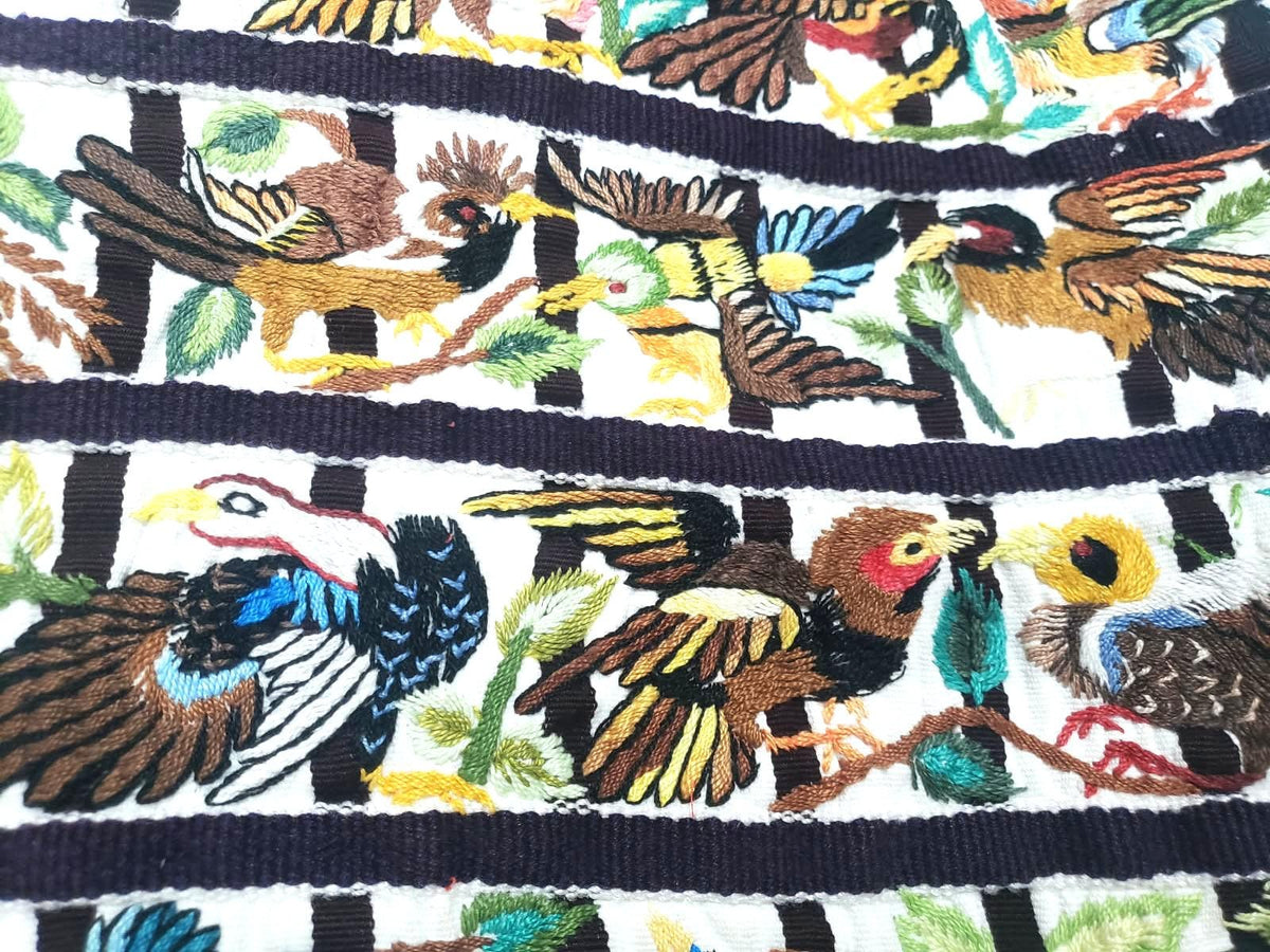 Handmade White EMBROIDERED Guatemalan Santiago Atitlan COTTON WALL "Mayan Bird Family" Tapestry