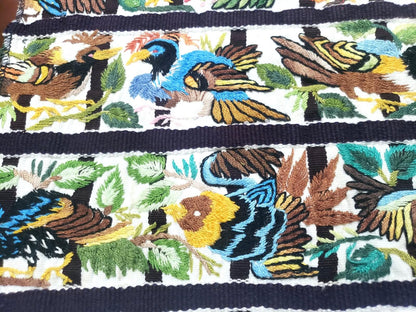 Handmade White EMBROIDERED Guatemalan Santiago Atitlan COTTON WALL "Mayan Bird Family" Tapestry