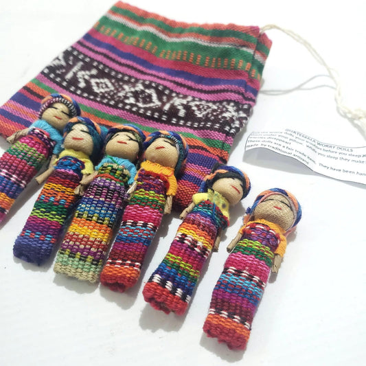 Guatemalan Artisans Two Inches 6 WORRY DOLLS in a POUCH Available In Multiple Options - Woven Fabric Clothing Traditional Dolls
