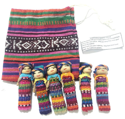 Guatemalan Artisans Two Inches 6 WORRY DOLLS in a POUCH Available In Multiple Options - Woven Fabric Clothing Traditional Dolls