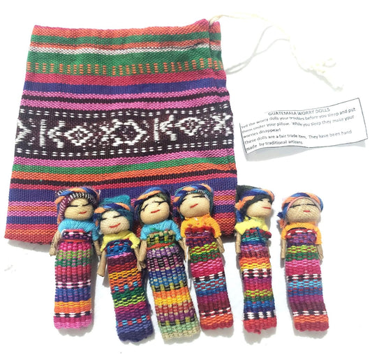 Guatemalan Artisans Two Inches 6 WORRY DOLLS in a POUCH Available In Multiple Options - Woven Fabric Clothing Traditional Dolls