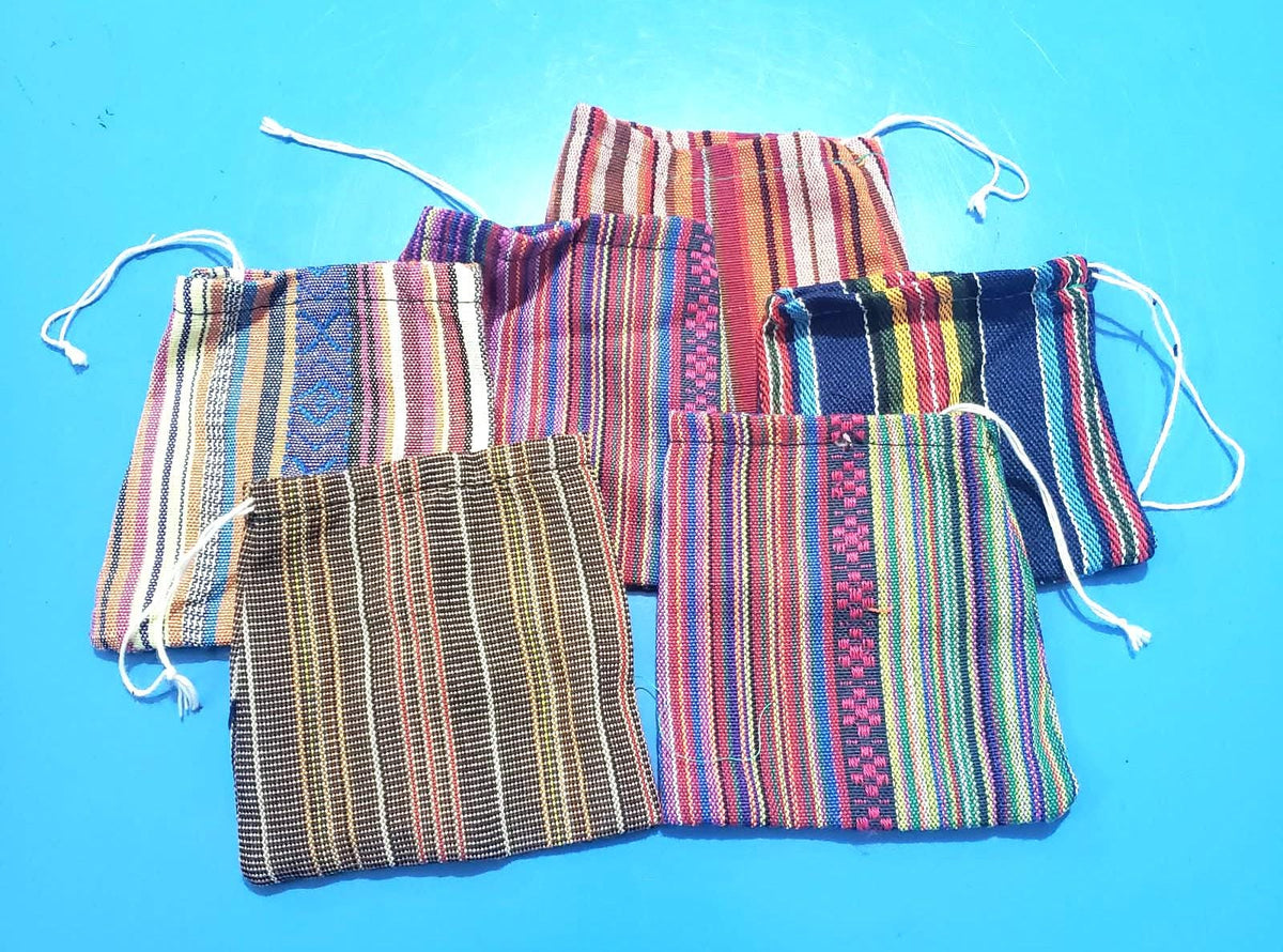 Set of 6 Small Cotton Pouches 4x4 - Handwoven Guatemalan Coin Purses & Gift Bags - Colorful Artisan Drawstring Favor Bags