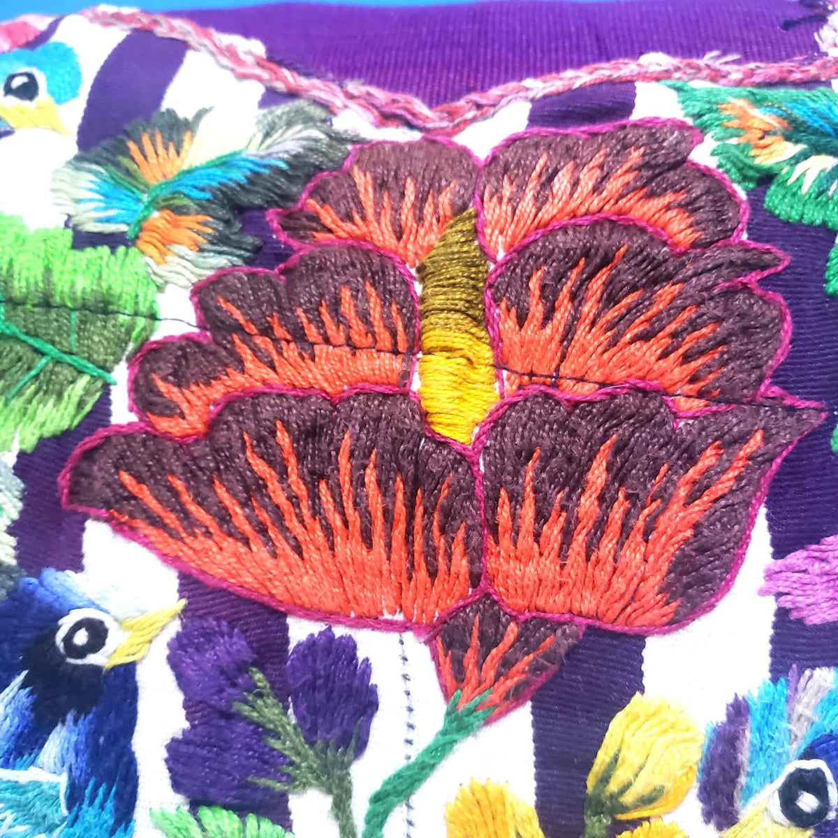 Guatemalan Hand Embroidered Pillow with Insert 14x12, Blue Bird Floral Accent Cushion, Striped Boho Throw Pillow Santiago Atitlan Folk Art