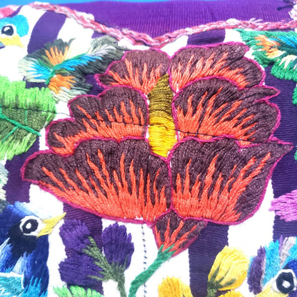 Guatemalan Hand Embroidered Pillow with Insert 14x12, Blue Bird Floral Accent Cushion, Striped Boho Throw Pillow Santiago Atitlan Folk Art