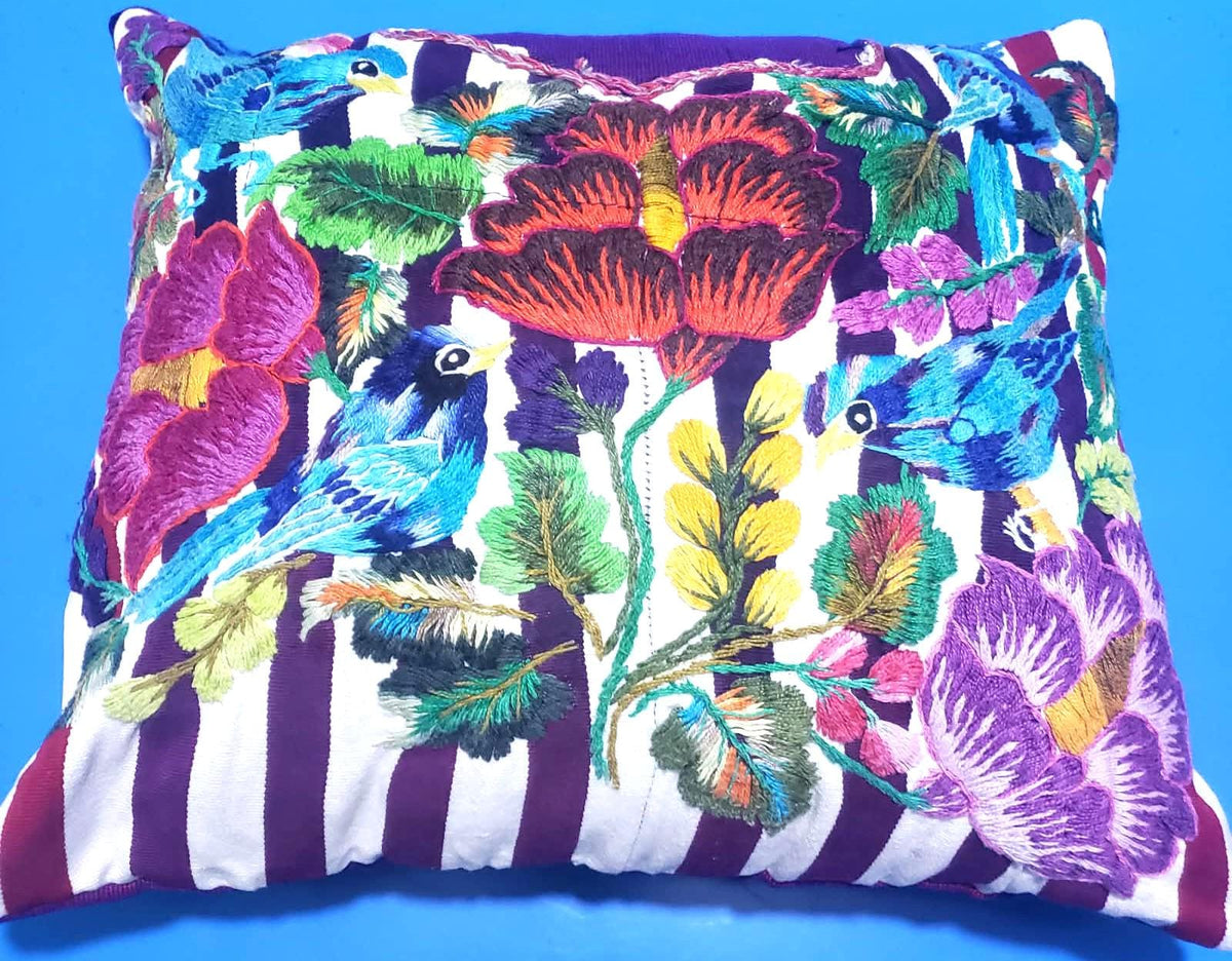 Guatemalan Hand Embroidered Pillow with Insert 14x12, Blue Bird Floral Accent Cushion, Striped Boho Throw Pillow Santiago Atitlan Folk Art
