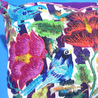 Guatemalan Hand Embroidered Pillow with Insert 14x12, Blue Bird Floral Accent Cushion, Striped Boho Throw Pillow Santiago Atitlan Folk Art