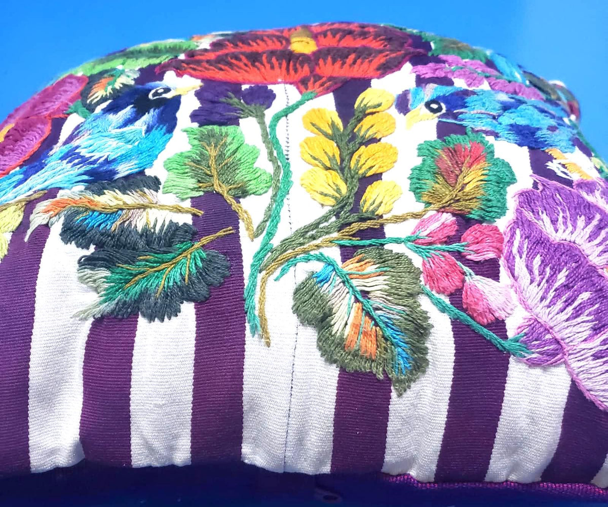 Guatemalan Hand Embroidered Pillow with Insert 14x12, Blue Bird Floral Accent Cushion, Striped Boho Throw Pillow Santiago Atitlan Folk Art