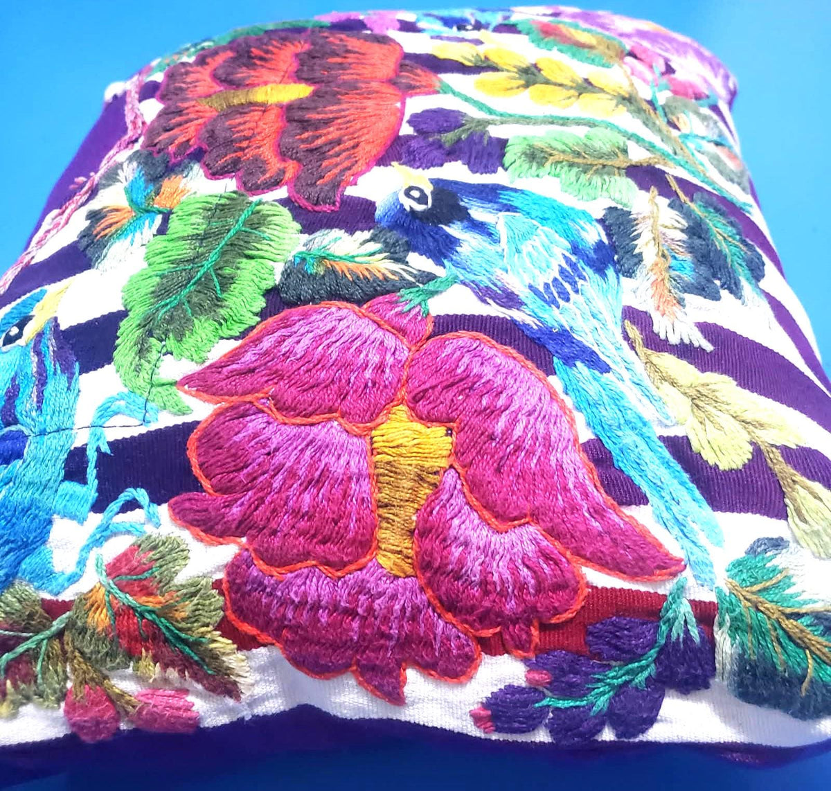 Guatemalan Hand Embroidered Pillow with Insert 14x12, Blue Bird Floral Accent Cushion, Striped Boho Throw Pillow Santiago Atitlan Folk Art