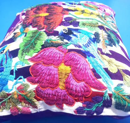 Guatemalan Hand Embroidered Pillow with Insert 14x12, Blue Bird Floral Accent Cushion, Striped Boho Throw Pillow Santiago Atitlan Folk Art