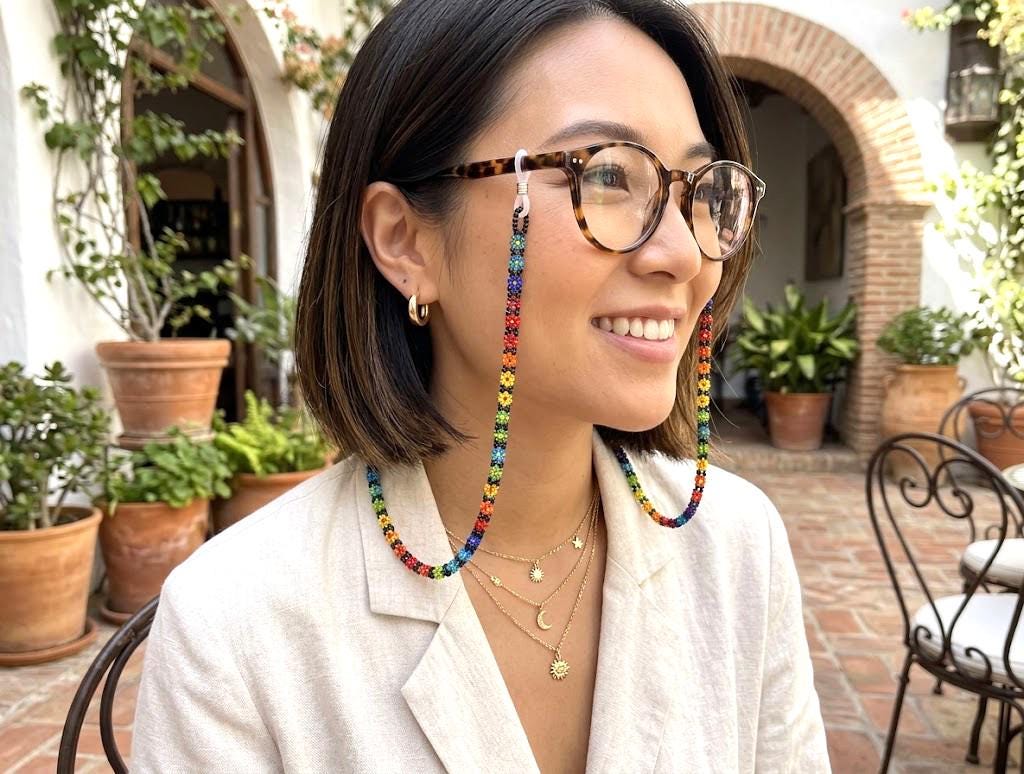Set of 6 Beaded Eyeglass Chains, Handwoven Flower Glass Bead Sunglass Strap Holders, Wholesale Eyewear Lanyard Bulk Lot, 24 Inch
