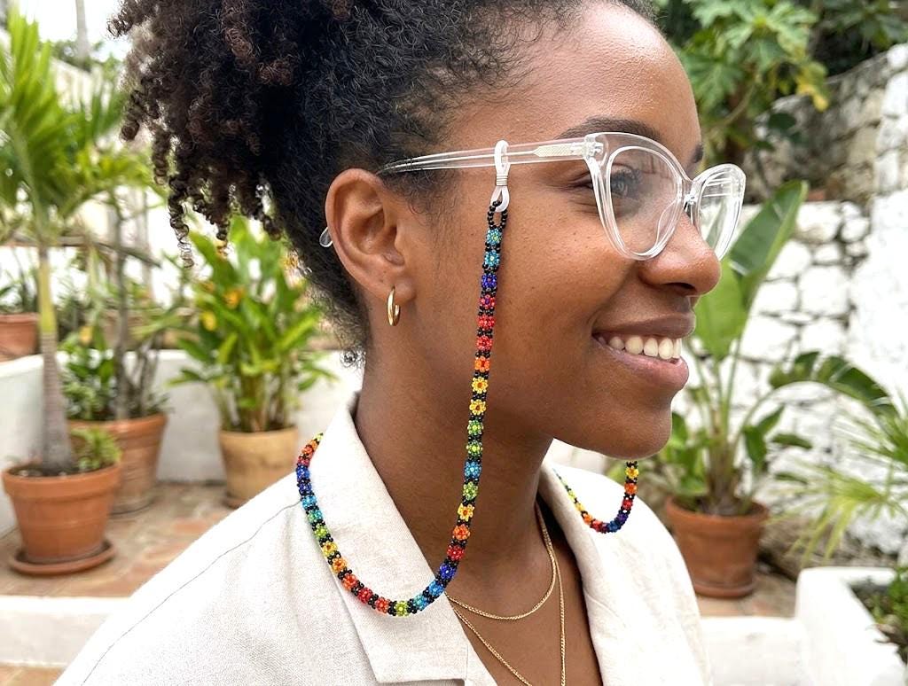 Set of 6 Beaded Eyeglass Chains, Handwoven Flower Glass Bead Sunglass Strap Holders, Wholesale Eyewear Lanyard Bulk Lot, 24 Inch