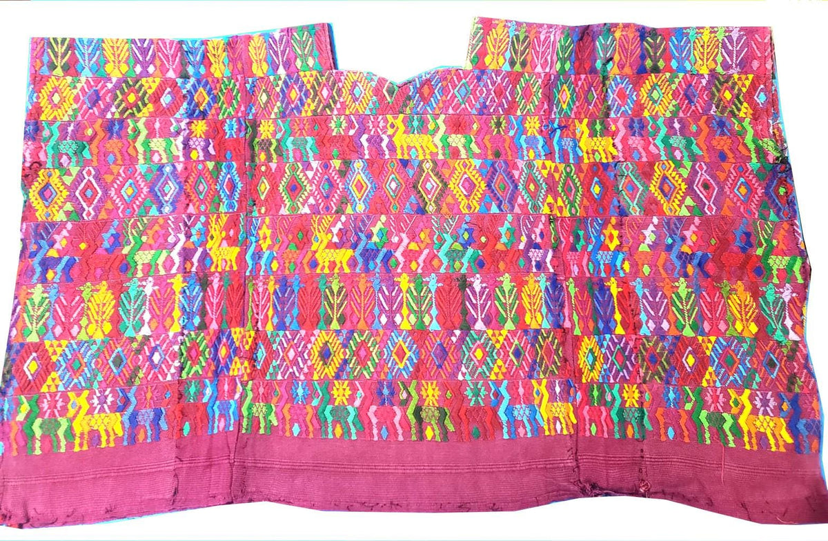 Handwoven Guatemalan Huipil Top - Tactic Coban Traditional Embroidered Cotton Blouse with Deer & Geometric Motif, Large