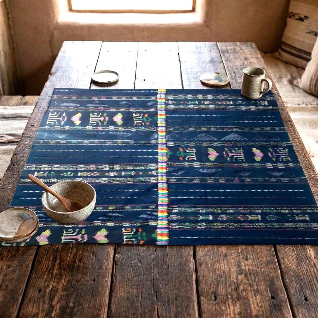 INDIGO Artisan Elegance TABLECLOTH, Embroidered Nahuala Heritage Table Cover, Vibrant Threads Dining Cloth