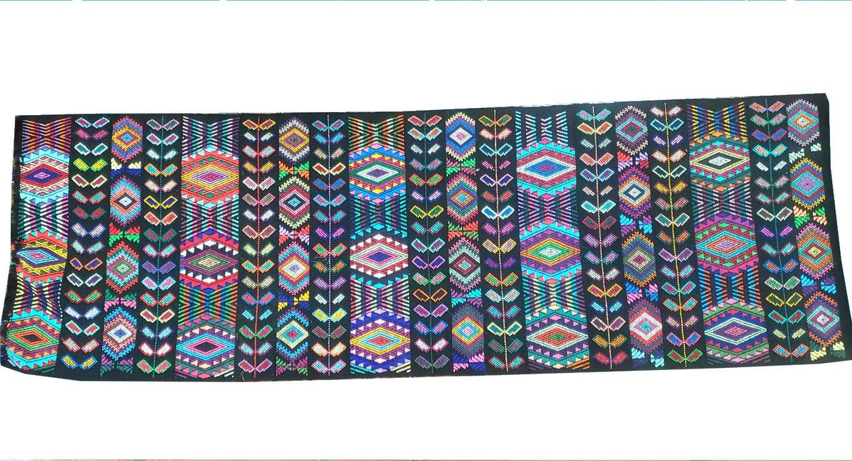 Guatemalan Handwoven Table Runner 15.5x50", Black Ethnic Table Decor with Multicolor Geometric Wheat Design, Chichicastenango Textile