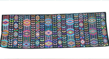 Guatemalan Handwoven Table Runner 15.5x50", Black Ethnic Table Decor with Multicolor Geometric Wheat Design, Chichicastenango Textile