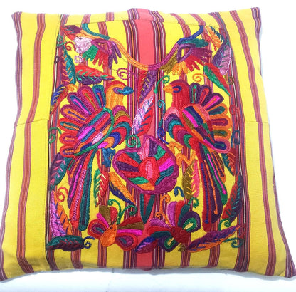 Guatemalan Hand-Embroidery Pillow, Green FUCHSIA COVER 18x18, Birds Embroidered case