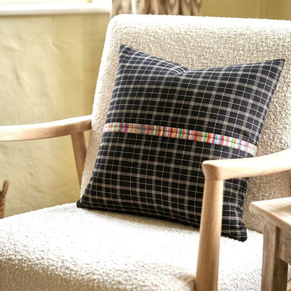 Hand Embroidered Guatemalan Pillow Cover, Black Grid Throw Pillow Case, Santa María de Jesús Traditional Textile Cushion Cover