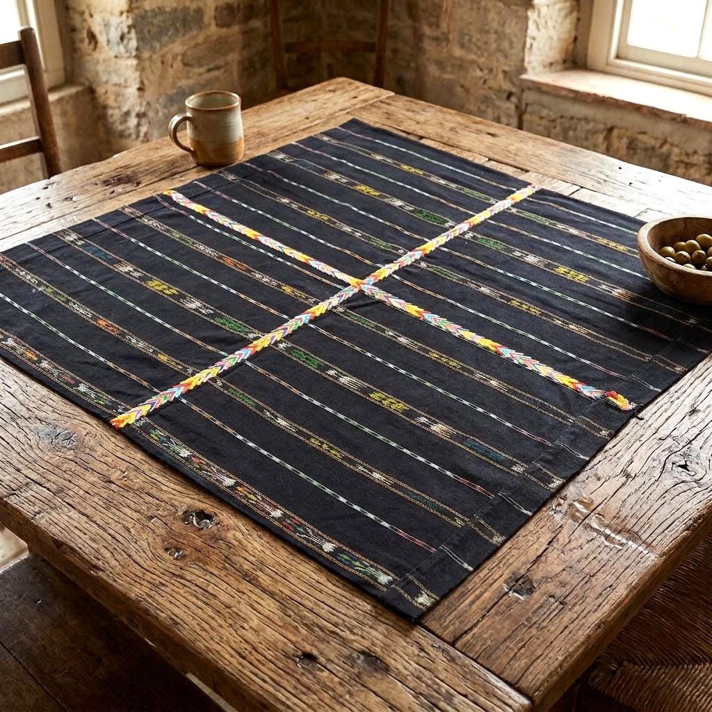 INDIGO Artisan Elegance TABLECLOTH, Embroidered Nahuala Heritage Table Cover, Vibrant Threads Dining Cloth
