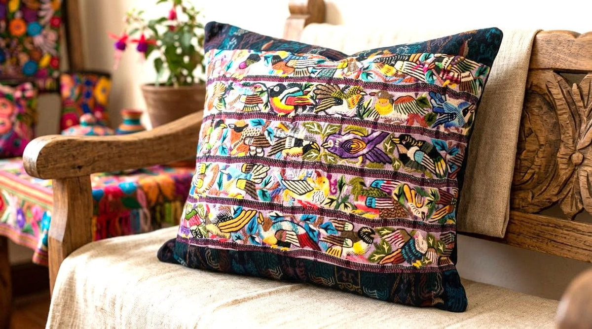 and Embroidered Bird Pillow Cover 14x22, Guatemalan Huipil Cushion Cover, Handwoven Mayan Artisan Pillow, Bohemian Lumbar Accent Pillow