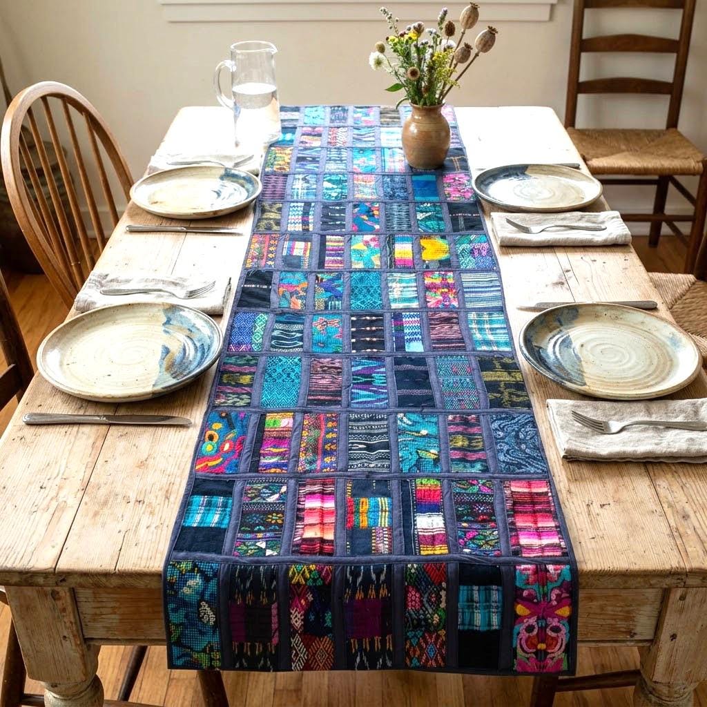 Guatemalan Huipil Table Runner 18x54, Handwoven Maya Patchwork Table Runner, Blue Bohemian Fabric Table Decor, Authentic Vintage Ethnic Gift